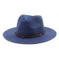 Detail view of navy straw fedora hat with brown leather band and metal buckle accent - M (56-58cm) / Dark Blue