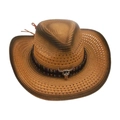 Brauner Stroh-Cowboyhut mit Ethno-Webband und silbernem Stierschädel-Ornament - Khaki Stil 3 (Stierschädel)