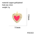 Detailed size view of red enamel heart pendant with 18K gold plating and cubic zirconia - P00302-Deep Red