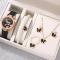 Women's quartz watch and butterfly jewelry set with black PU leather strap in gift box - Style 5 Set (No Box)