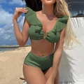 Close-up of dark green ruffled bikini with textured knit fabric and stylish V-neck design - S / Dark Green