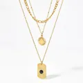 Three-layer gold necklace with Figaro chain, sun pendant and black onyx square charm - Gold