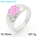 Anillo ancho de acero inoxidable pulido con trébol de esmalte rosa, 10mm de ancho - US 6 / Color Acero