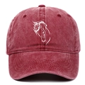 Burgundy washed cotton baseball cap with white horse head embroidery and curved brim - Adjustable / Burgundy