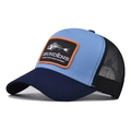 Detail of truck cap mesh back and fish skeleton embroidery patch on sky blue crown - Navy Light Blue Fishbone