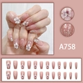 Macro detail of nude pink gradient press-on nails with white floral art and silver glitters - Nude Pink Gradient Hand-painted Flower (A758) / 24 Pcs/Set