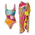 Women's one-piece swimsuit and sarong set with baroque leopard and chain print - S / Multicolor Set (Swimsuit + Sarong)