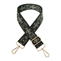 Détail d'une bandoulière ethnique de 3,8 cm avec broderie géométrique et crochets dorés - Noir Base Vert Armée