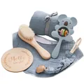 Blue koala baby gift set with muslin wrap, rattle, pacifier clip and wood card - Koala Rattle Set / Blue
