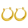 Elegant gold-plated hoop earrings with intricate twisted feather texture on white background - Spiral Twist Dangle