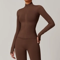 Slim fit chocolate brown yoga jacket with stand collar and thumbhole sleeves - S / Coffee