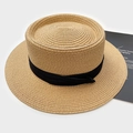 Classic boater straw hat with black grosgrain ribbon and side bow for summer beach travel - Khaki With Black Ribbon