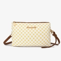 White leather crossbody bag with yellow clover print and brown strap for women - Khaki