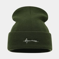 Winter dark green knit beanie hat with white cursive letter embroidery for men and women - Army Green