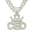 Close-up of iced-out silver CEO crown pendant and matching iced Cuban link chain necklace - Necklace Set / Silver