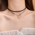 Double-layer black choker with cherry crystal pendant and metallic chain for women - Black-Cherry