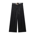 Elegant black wide-leg satin trousers with a matching belt and gold metallic buckle - XS / Bottoms / Black