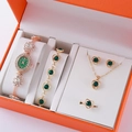 Roségoldene Uhr und herzförmiges grünes Schmuckset 5-teilig in orangefarbener Box - Roségold Grünes Herz Set (Ohne Box)