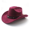 Detail of dark burgundy felt cowboy hat with braided leather band and silver bull skull buckle - M (56-59cm) / Wine Red (Suede)