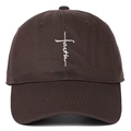 Close-up of white faith cross embroidery on deep brown cotton twill baseball cap - Adjustable / Coffee