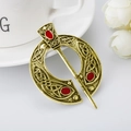 Vintage Viking Celtic brooch pin in antique gold finish with red enamel accents - D-494 Antique Bronze