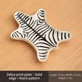 Zebra pattern ceramic jewelry tray with gold trim, size 14.6cm for home decor - Tiger Skin Shape / Black Stripe + Gold Rim