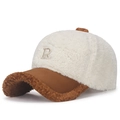 Teddy fleece baseball cap in white and brown patchwork with R letter embroidery - Adjustable / White with Brown Brim