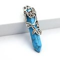 Blue turquoise hexagonal crystal pendant with vintage silver floral metal wrap design - Turquoise