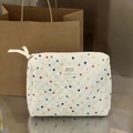 Quilted cotton cosmetic bag with colorful polka dots and white ribbon zipper pull - Clutch Storage Pouch / Colorful Polka Dots