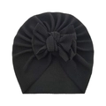 Soft black ribbed baby turban hat featuring a large decorative bow on a white background - Black