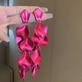 Detailed macro view of magenta layered petal tassel earrings with matte finish design - 32# Steel Pin - Rose Red