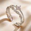Adjustable silver hollow ring with zircon clover flower and olive leaf details - Silver Double Layer Hollow Clover (S390)