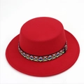 Detail of red boater hat with ethnic embroidered ribbon and wide flat brim style - One Size / Red