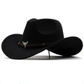 Detail of black wool cowboy hat featuring leather band and silver bull skull ornament - M(56-58cm) / Black