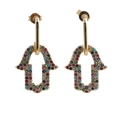Exquisite 18K vergoldete Hamsa-Hand-Ohrringe mit bunten Zirkonia-Steinen auf weißem Grund - Bunte Hamsa Hand Stil