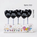 Five-piece heart-shaped black Happy Birthday candles with white lettering on stands - 5 Pcs Black Heart Happy Birthday / 5 Pcs Set / Black Heart