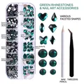 Nail art set with emerald green crystals in 12-slot box with wax pen and tweezers - Emerald with Tweezers & Pen (ZSHZ-206 with Tools)