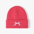 Thick knit winter beanie in rose red with white bow embroidery for women - Rose Red