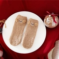 Fuzzy brown coral fleece socks with cute 3D sheep ears and embroidered animal face - Kids Size (Without Ball) / Khaki Monkey