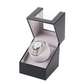 Single watch winder in black lychee leather with grey velvet lining and clear window - 1+0 Litchi Pattern (Black Exterior Grey Interior)