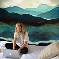 Arazzo giapponese artistico con cime montuose e nuvole per decorazione murale - 150x130cm / Paesaggio Verde e Uccelli