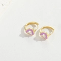 Elegant gold heart earrings with purple enamel and a sparkling white zircon stone - Purple