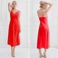 Elegant red silk V-neck nightgown with delicate lace trim and slender straps for women - S / Red