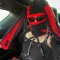 Handmade red and black bunny ear balaclava with gothic leather harness and metal chains - Red Black Rabbit Ears