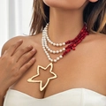 Three-layer star pendant necklace featuring white pearls and red coral stone beads - K3 Gold (Red Stone)