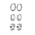 Three pairs of silver stainless steel hoop earrings in varying widths for men - Set 2 (Silver - 3 Pairs Round Hoop Set)