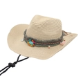 Khaki western straw cowboy hat with ethnic turquoise beads and wide brim on white background - Beige (Rope + Ethnic Style)