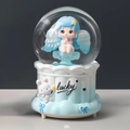 Luminous crystal ball music box with cartoon angel girl and white bunny on blue base - -037 Blue Base / Large 100 Snow+Light+Music