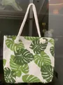 Canvas tote bag with green monstera leaf print and white thick cotton rope handles - Green Banana Leaf