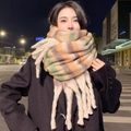 Maillard gradient plaid scarf with orange and green tassels in a thick, warm knit style - Striped Beige